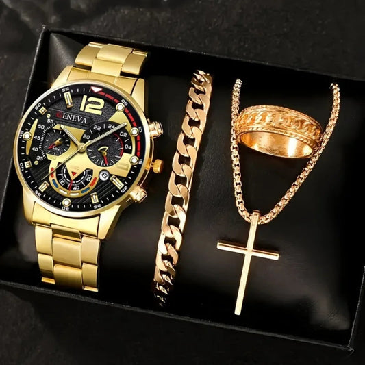 Reloj GENOVA+CADENA CUBANA+DIJE DE CRUZ CRISTO+ PULSERA CUBANA+ANILLO
